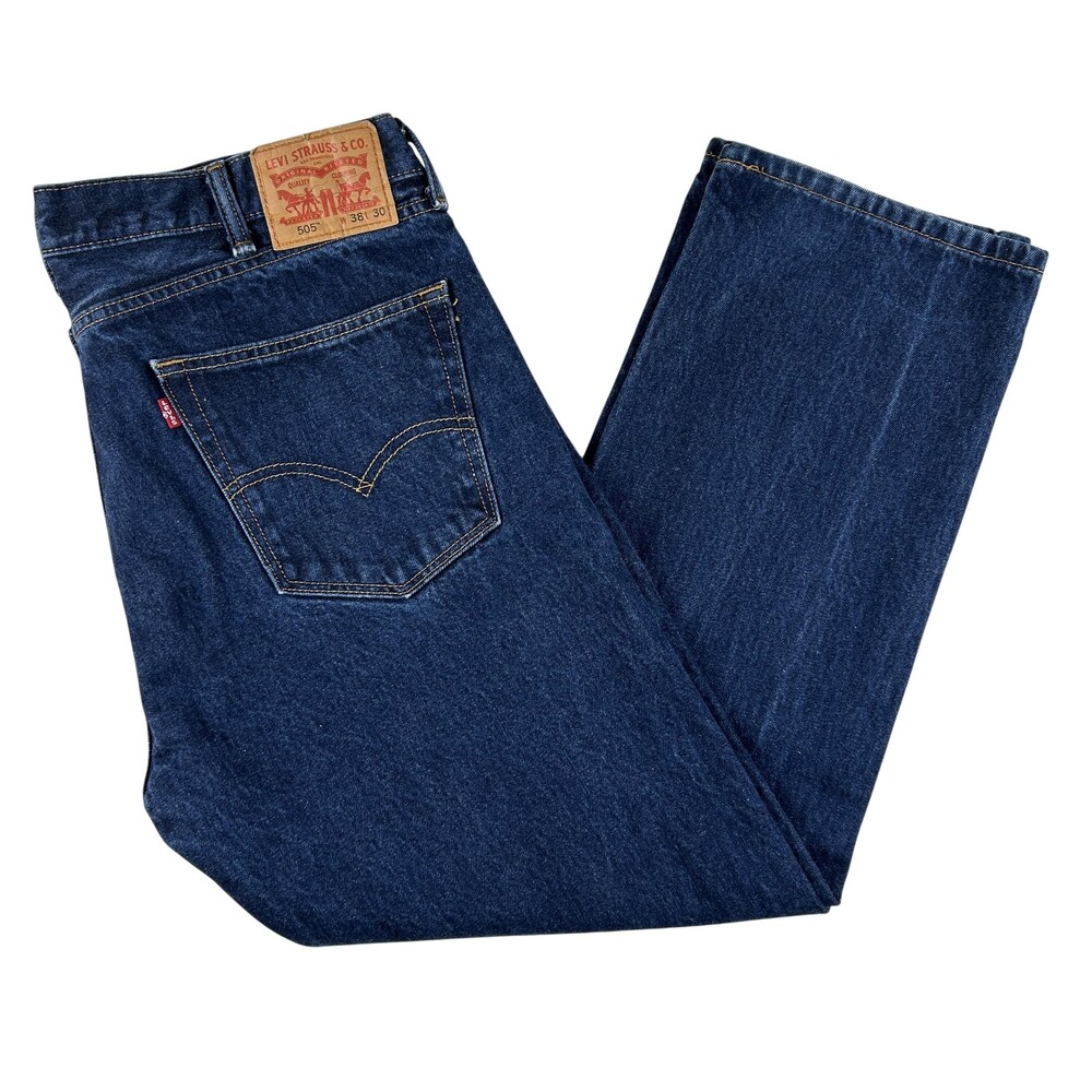 Levis 505 Jeans Mens 38x30 Dark Wash Blue Denim Regular Straight Zip Fly Casual